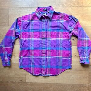 VTG Lee 90s/Y2K Flannel Plaid  Pink Purple Teal Button Down Shirt Womens Medium